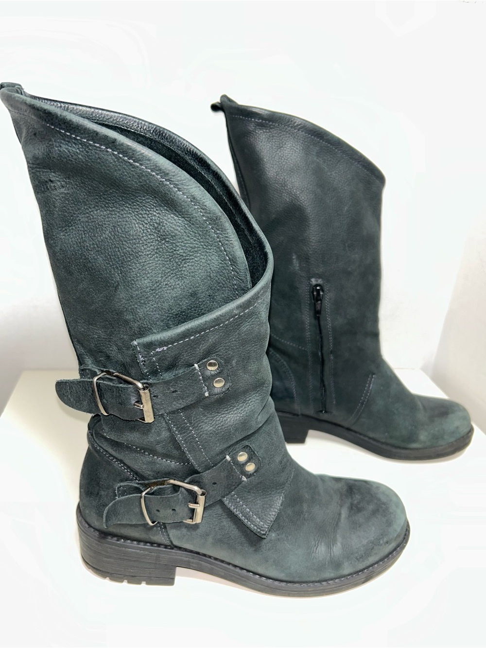 Coolway Alida Black Leather Moto Slouchy Buckle Zip Boot